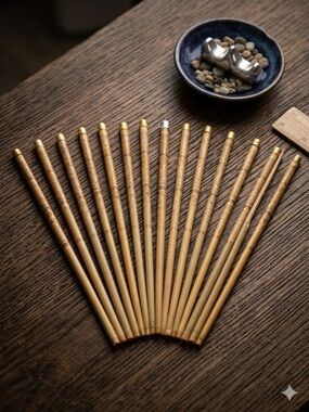 16 Vintage Bamboo Chopsticks Set – Detailed Pyrography Fish & Pagoda Motif Art